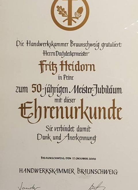 Ehrenurkunde zum 50. Meisterjubiläum